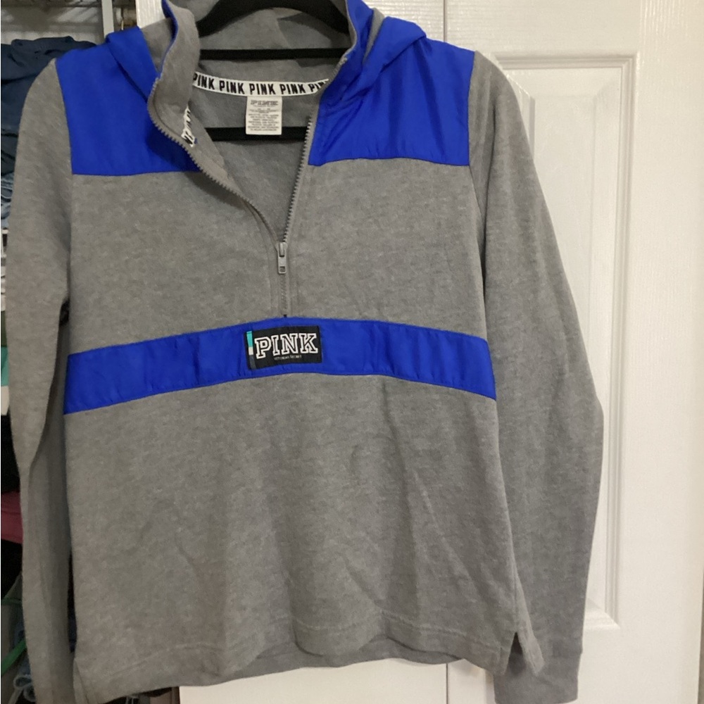 Victoria's Secret PINK Grey and Royal Blue Half-Zip Hoodie Sweater